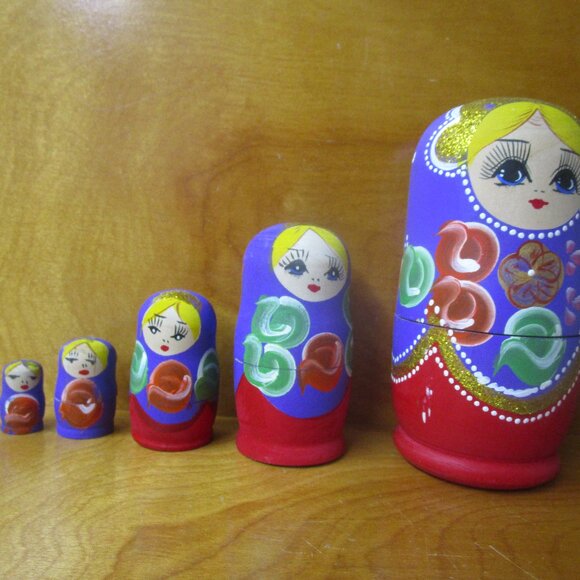 Russian nesting dolls beautiful purple hand painted red  gold crown 6 piece - Picture 6 of 11